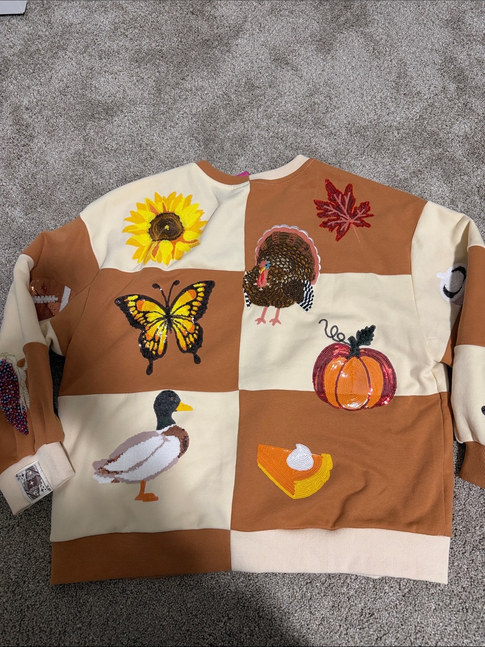 QUEEN OF SPARKLES Brown & Cream Patchwork Embroidered Sweatshirt - Picture 5 of 5